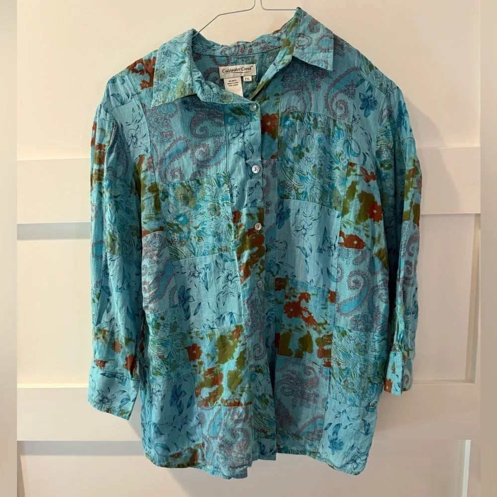 Coldwater Creek boho brilliant Blue and Green Paisley Shirt